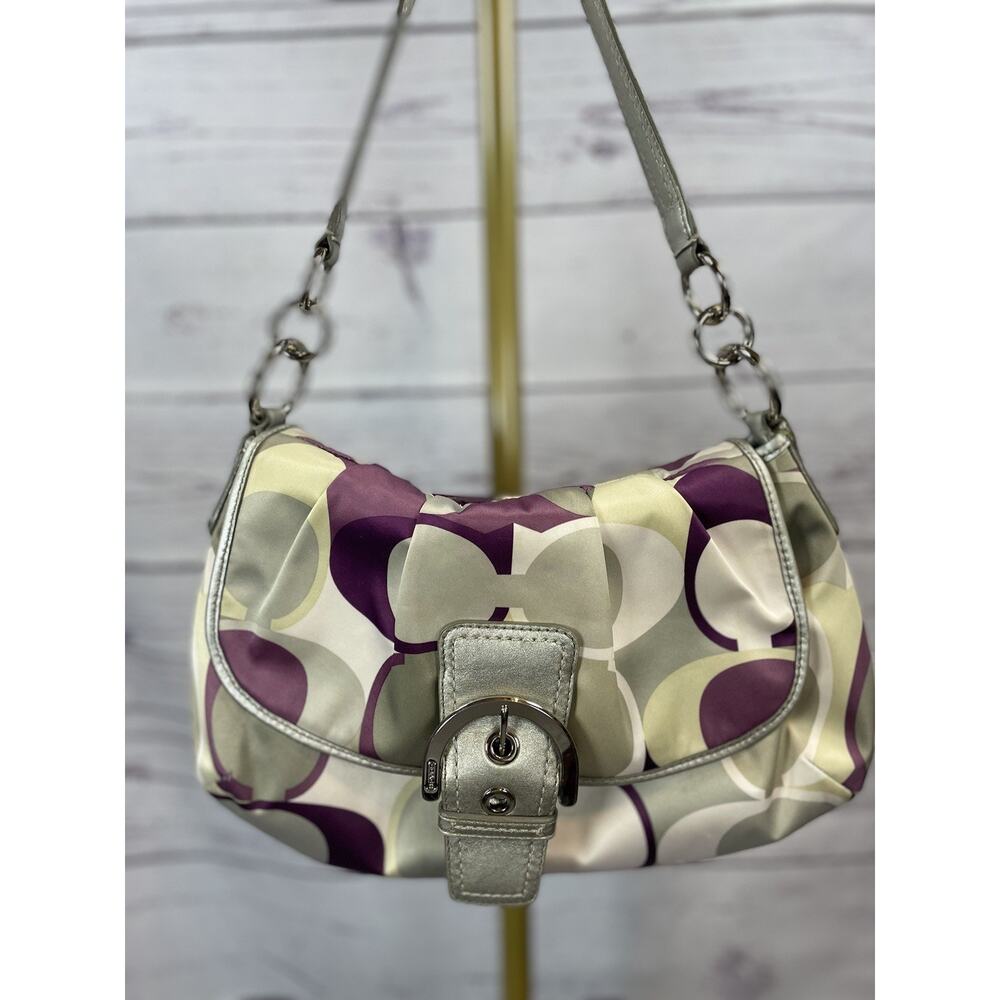 Coach Soho Signature Scarf Print Small Shoulder Bag Purple Silver Satin Handbag - Picture 12 of 13